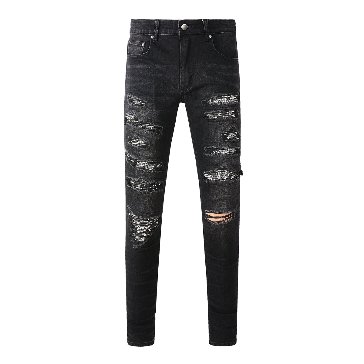 Men’s Black Slim Fit Jeans with Heavy Distressing and Metallic Silver Underlays for an Edgy Streetwear Look (669-8669)
