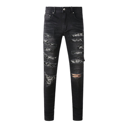 Men’s Black Slim Fit Jeans with Heavy Distressing and Metallic Silver Underlays for an Edgy Streetwear Look (669-8669)