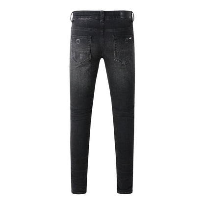 Men’s Black Slim Fit Jeans with Heavy Distressing and Metallic Silver Underlays for an Edgy Streetwear Look (669-8669)