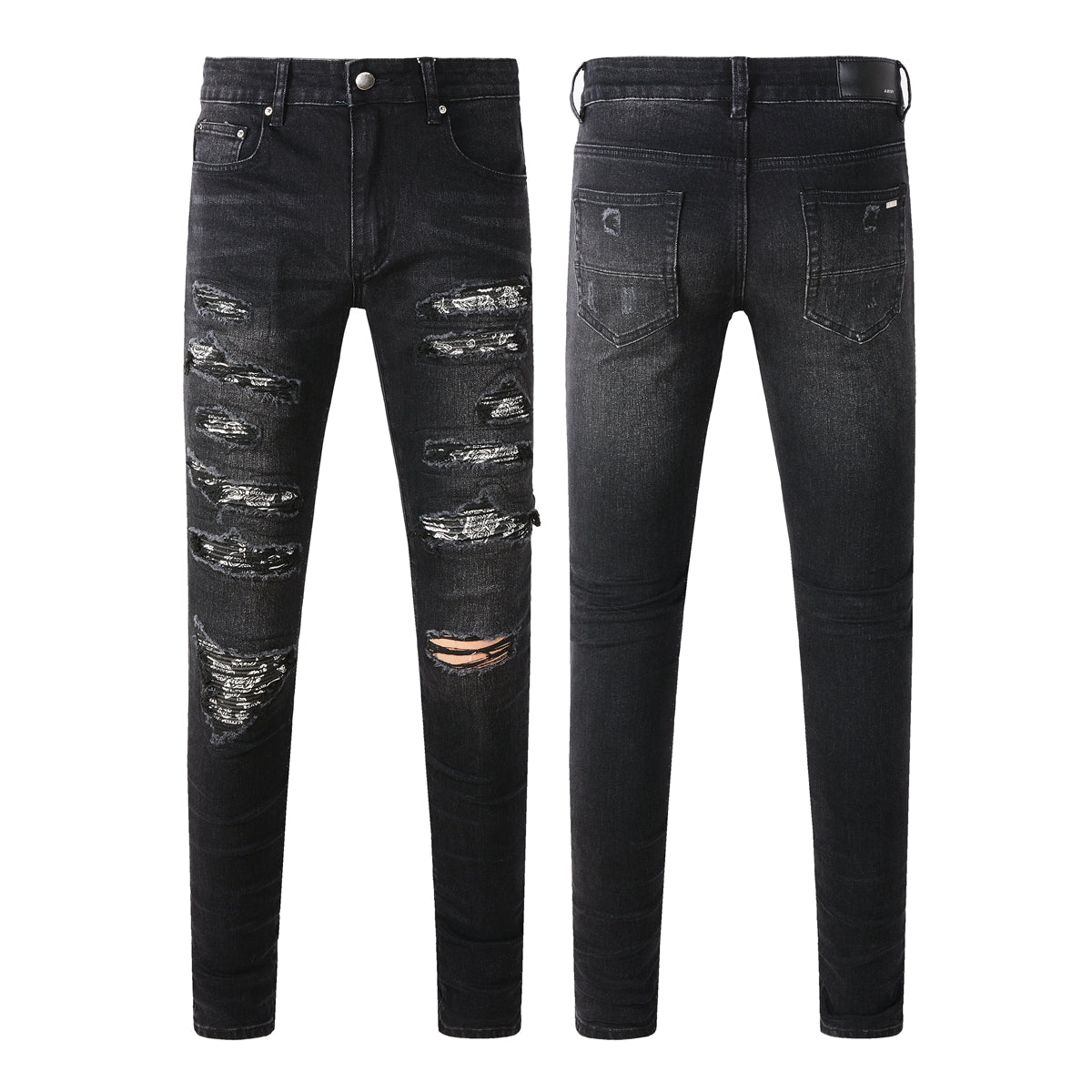 Men’s Black Slim Fit Jeans with Heavy Distressing and Metallic Silver Underlays for an Edgy Streetwear Look (669-8669)
