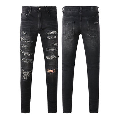 Men’s Black Slim Fit Jeans with Heavy Distressing and Metallic Silver Underlays for an Edgy Streetwear Look (669-8669)