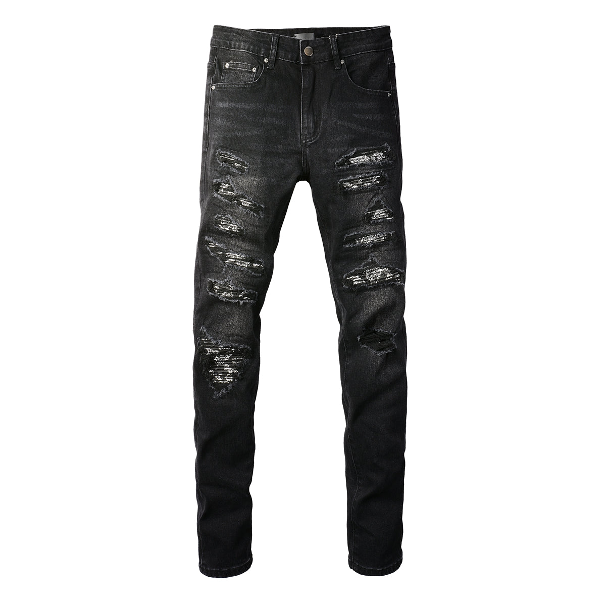 Men’s Black Slim Fit Jeans with Heavy Distressing and Metallic Silver Underlays for an Edgy Streetwear Look (669-8669)