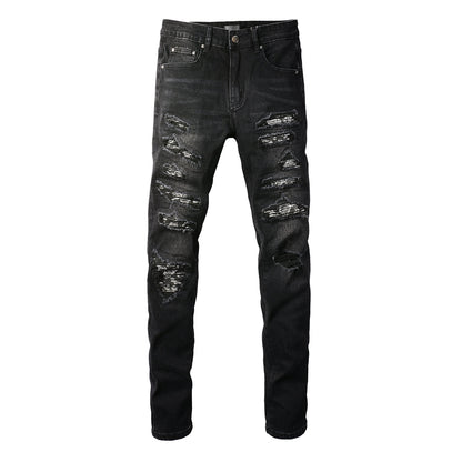 Men’s Black Slim Fit Jeans with Heavy Distressing and Metallic Silver Underlays for an Edgy Streetwear Look (669-8669)