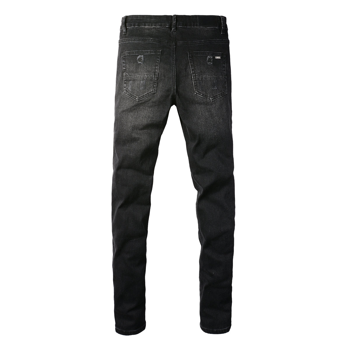 Men’s Black Slim Fit Jeans with Heavy Distressing and Metallic Silver Underlays for an Edgy Streetwear Look (669-8669)