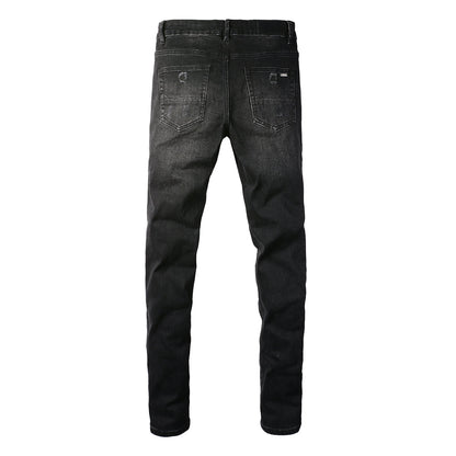 Men’s Black Slim Fit Jeans with Heavy Distressing and Metallic Silver Underlays for an Edgy Streetwear Look (669-8669)