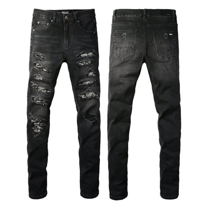 Men’s Black Slim Fit Jeans with Heavy Distressing and Metallic Silver Underlays for an Edgy Streetwear Look (669-8669)