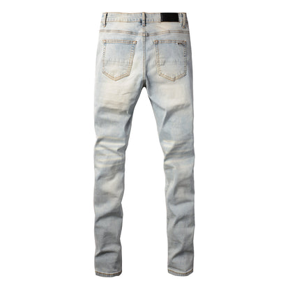 Street Denim Casual Trousers Micro-elastic Cotton Youth Blue Ripped Skinny Jeans #697