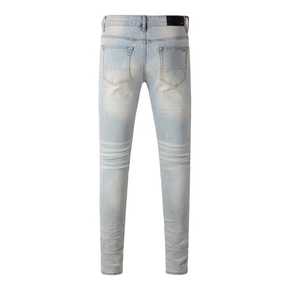 Street Denim Casual Trousers Micro-elastic Cotton Youth Blue Ripped Skinny Jeans #697