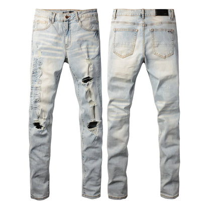 Street Denim Casual Trousers Micro-elastic Cotton Youth Blue Ripped Skinny Jeans #697
