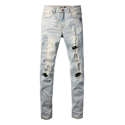 Street Denim Casual Trousers Micro-elastic Cotton Youth Blue Ripped Skinny Jeans #697