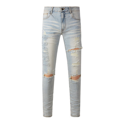 Street Denim Casual Trousers Micro-elastic Cotton Youth Blue Ripped Skinny Jeans #697