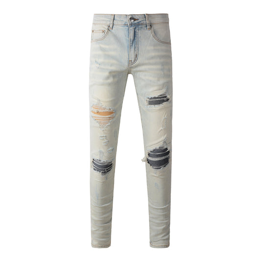 Jean Skinny Homme Délavé avec Fortes Détails Déchirés et Patchwork Contraste Foncé pour un Look Street Vintage 699