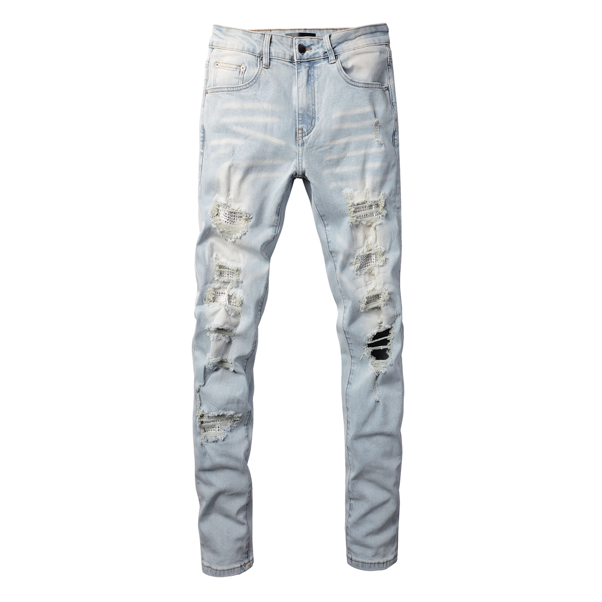 Foreign Trade High Street Denim Casual Trousers Micro-elastic Cotton Youth Blue Ripped Skinny Jeans 808-1