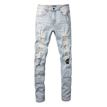 Foreign Trade High Street Denim Casual Trousers Micro-elastic Cotton Youth Blue Ripped Skinny Jeans 808-1