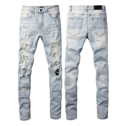 Foreign Trade High Street Denim Casual Trousers Micro-elastic Cotton Youth Blue Ripped Skinny Jeans 808-1