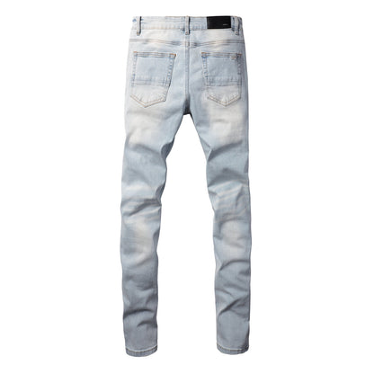 Foreign Trade High Street Denim Casual Trousers Micro-elastic Cotton Youth Blue Ripped Skinny Jeans 808-1