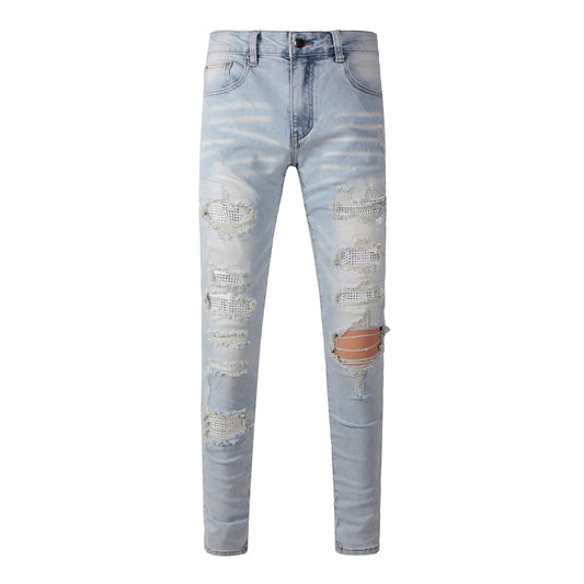 Foreign Trade High Street Denim Casual Trousers Micro-elastic Cotton Youth Blue Ripped Skinny Jeans 808-1