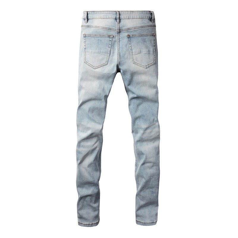 Jeans Skinny Déchirés Bleus Jeunesse en Coton Micro-élastique Coupe Droite Denim Décontracté Commerce Extérieur 808