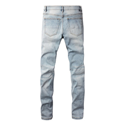 Jeans Skinny Déchirés Bleus Jeunesse en Coton Micro-élastique Coupe Droite Denim Décontracté Commerce Extérieur 808