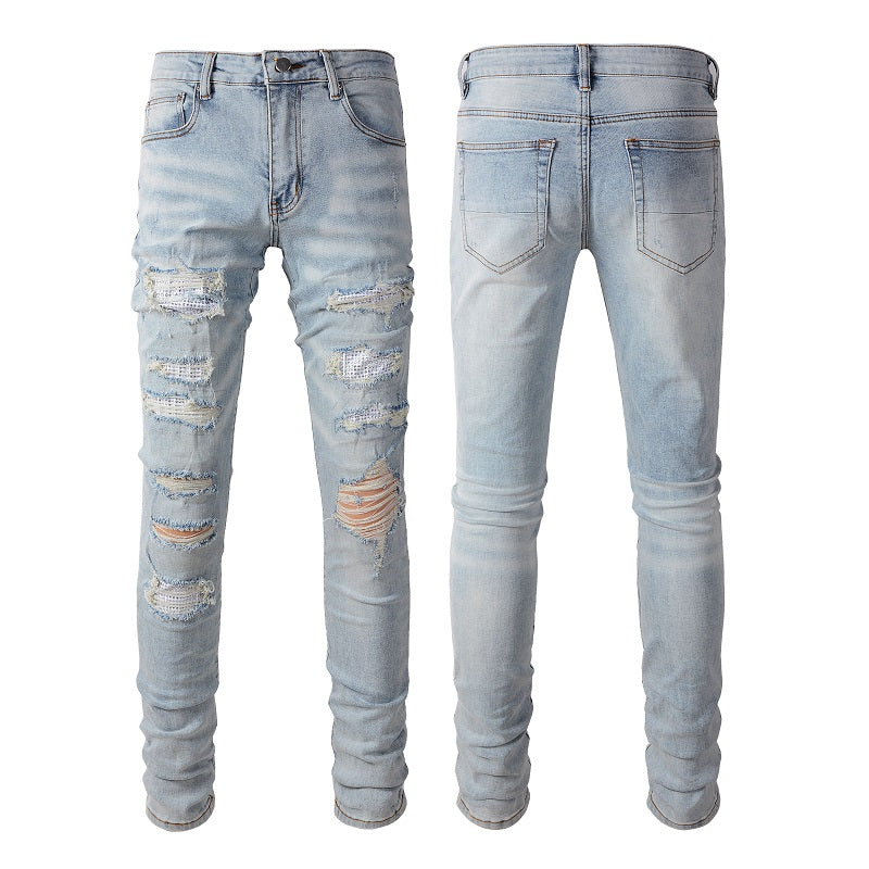 Jeans Skinny Déchirés Bleus Jeunesse en Coton Micro-élastique Coupe Droite Denim Décontracté Commerce Extérieur 808