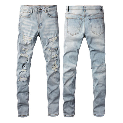 Jeans Skinny Déchirés Bleus Jeunesse en Coton Micro-élastique Coupe Droite Denim Décontracté Commerce Extérieur 808