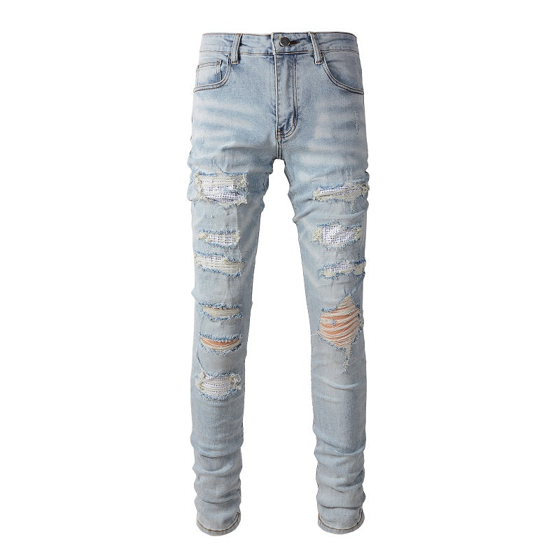 Jeans Skinny Déchirés Bleus Jeunesse en Coton Micro-élastique Coupe Droite Denim Décontracté Commerce Extérieur 808