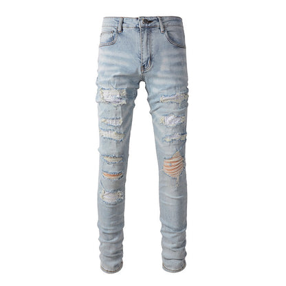 Jeans Skinny Déchirés Bleus Jeunesse en Coton Micro-élastique Coupe Droite Denim Décontracté Commerce Extérieur 808