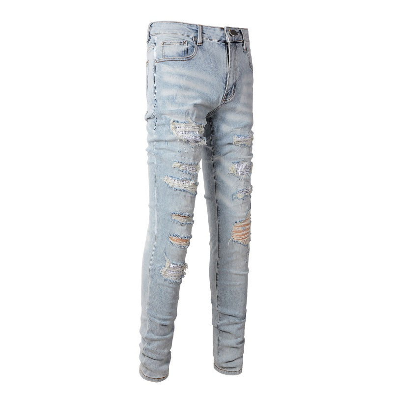 Jeans Skinny Déchirés Bleus Jeunesse en Coton Micro-élastique Coupe Droite Denim Décontracté Commerce Extérieur 808