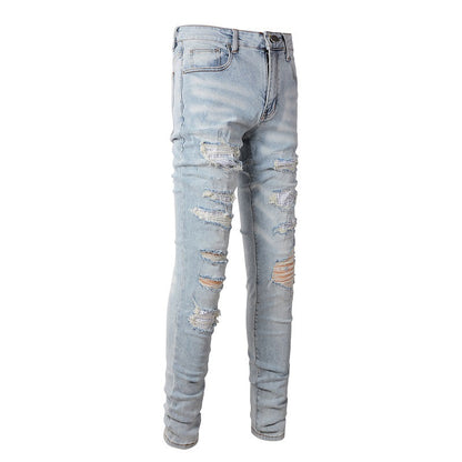 Jeans Skinny Déchirés Bleus Jeunesse en Coton Micro-élastique Coupe Droite Denim Décontracté Commerce Extérieur 808