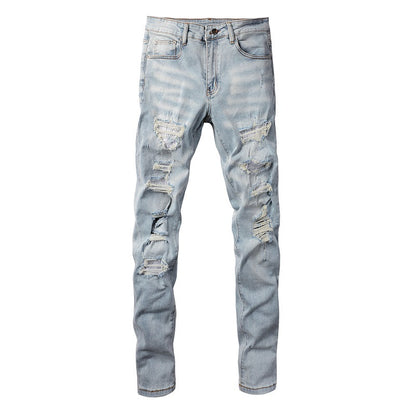 Jeans Skinny Déchirés Bleus Jeunesse en Coton Micro-élastique Coupe Droite Denim Décontracté Commerce Extérieur 808