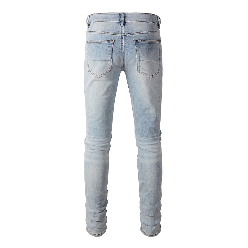 Jeans Skinny Déchirés Bleus Jeunesse en Coton Micro-élastique Coupe Droite Denim Décontracté Commerce Extérieur 808