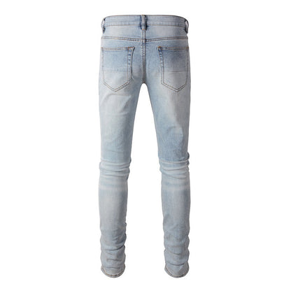 Jeans Skinny Déchirés Bleus Jeunesse en Coton Micro-élastique Coupe Droite Denim Décontracté Commerce Extérieur 808