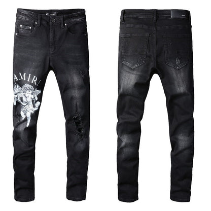 Street Letters Angel Pattern Digital Print Denim Micro Elastic Cotton Black Skinny Jeans 817