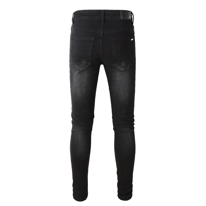 Street Letters Angel Pattern Digital Print Denim Micro Elastic Cotton Black Skinny Jeans 817