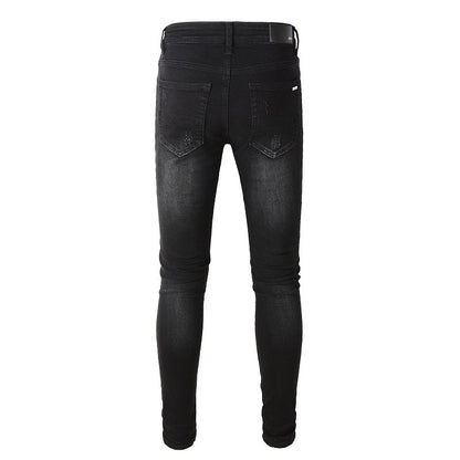 Street Letters Angel Pattern Digital Print Denim Micro Elastic Cotton Black Skinny Jeans 817