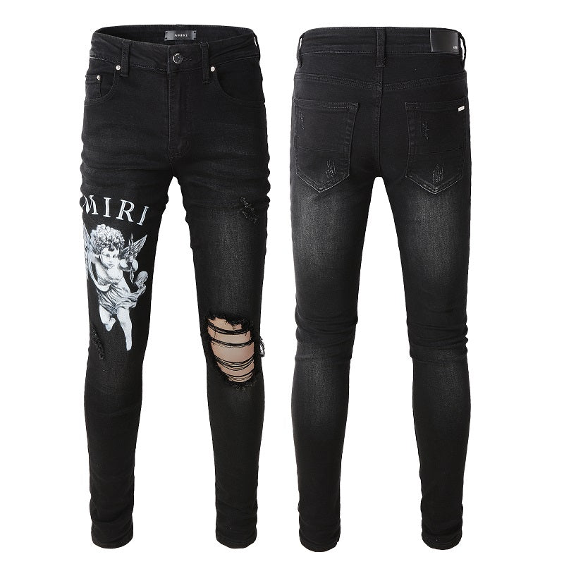 Street Letters Angel Pattern Digital Print Denim Micro Elastic Cotton Black Skinny Jeans 817