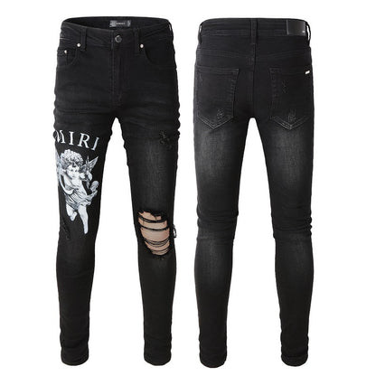 Street Letters Angel Pattern Digital Print Denim Micro Elastic Cotton Black Skinny Jeans 817