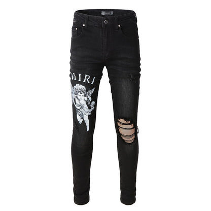 Street Letters Angel Pattern Digital Print Denim Micro Elastic Cotton Black Skinny Jeans 817
