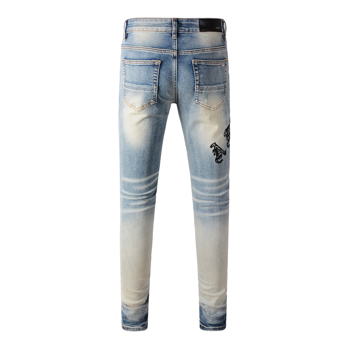 Men’s Gradient Washed Light Blue Jeans with Distressed Details, Floral Fabric Patches and Gothic Letter Embroidery 828