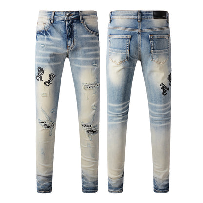 Men’s Gradient Washed Light Blue Jeans with Distressed Details, Floral Fabric Patches and Gothic Letter Embroidery 828