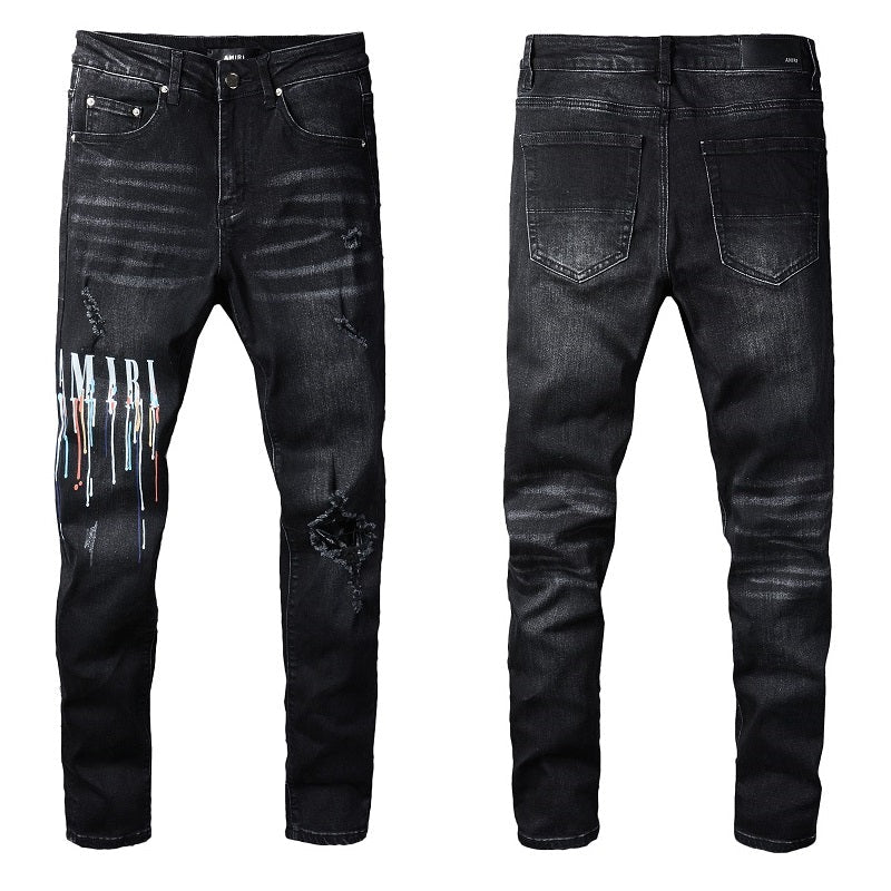 Jeans 830 Fashion Street Spray Paint Colorful Alphabet Black Jeans