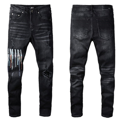 Jeans 830 Fashion Street Spray Paint Colorful Alphabet Black Jeans