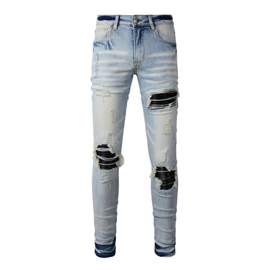 Jean skinny pour homme bleu clair déchiré avec empiècements en tissu noir, détails usés et dégradé 848