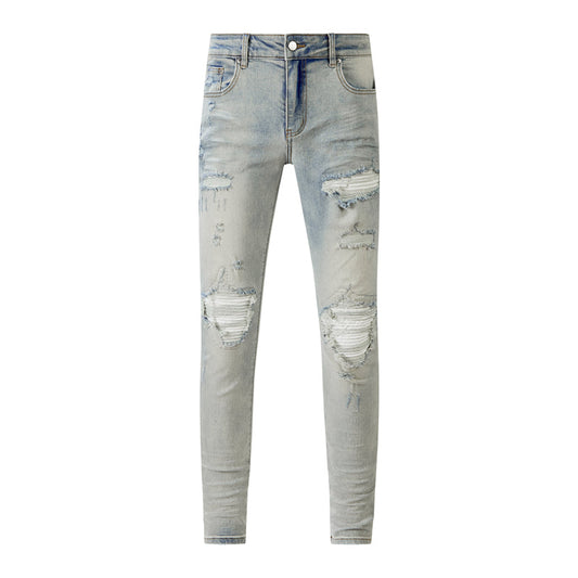 Men's Slim Fit Light Grey Blue Ripped Jeans with White Striped Patches and Washed Effect for Casual Street Style 8601