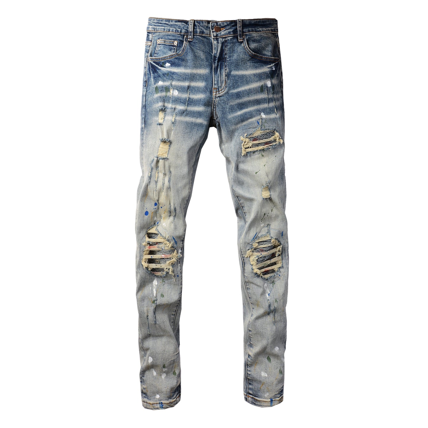Men’s Blue Washed Skinny Jeans with Paint Splatter Details, Ripped Knees and Striped Fabric Underlays 8811