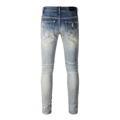 Men’s Blue Washed Skinny Jeans with Paint Splatter Details, Ripped Knees and Striped Fabric Underlays 8811