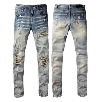Men’s Blue Washed Skinny Jeans with Paint Splatter Details, Ripped Knees and Striped Fabric Underlays 8811
