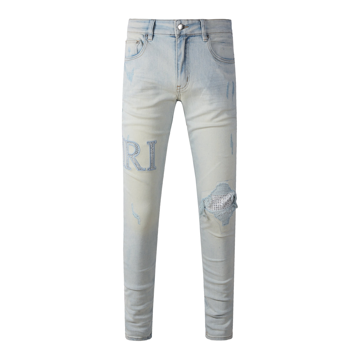 Washed Slim Fit Denim for Men Featuring Minimal Letter Patch and Mesh Layered Rip for Trendy Streetwear 8818