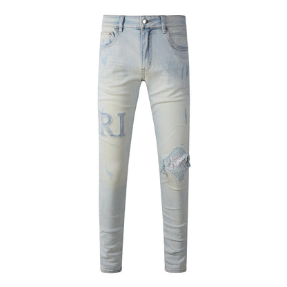 Washed Slim Fit Denim for Men Featuring Minimal Letter Patch and Mesh Layered Rip for Trendy Streetwear 8818
