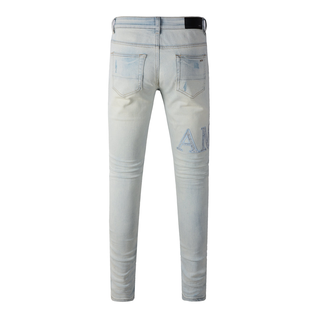 Washed Slim Fit Denim for Men Featuring Minimal Letter Patch and Mesh Layered Rip for Trendy Streetwear 8818
